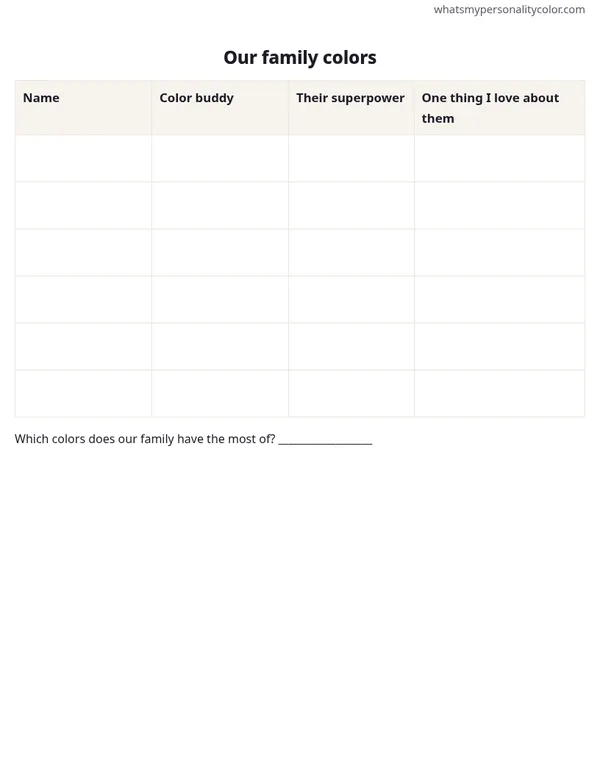 Preview of the Family Color Chart printable